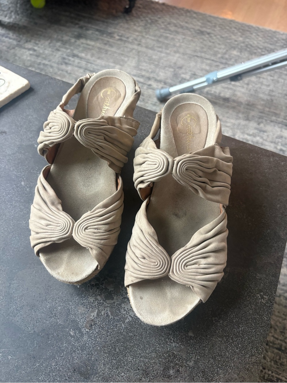 Earthies Taupe Sculpted Gathered-Strap Wedge Sandals